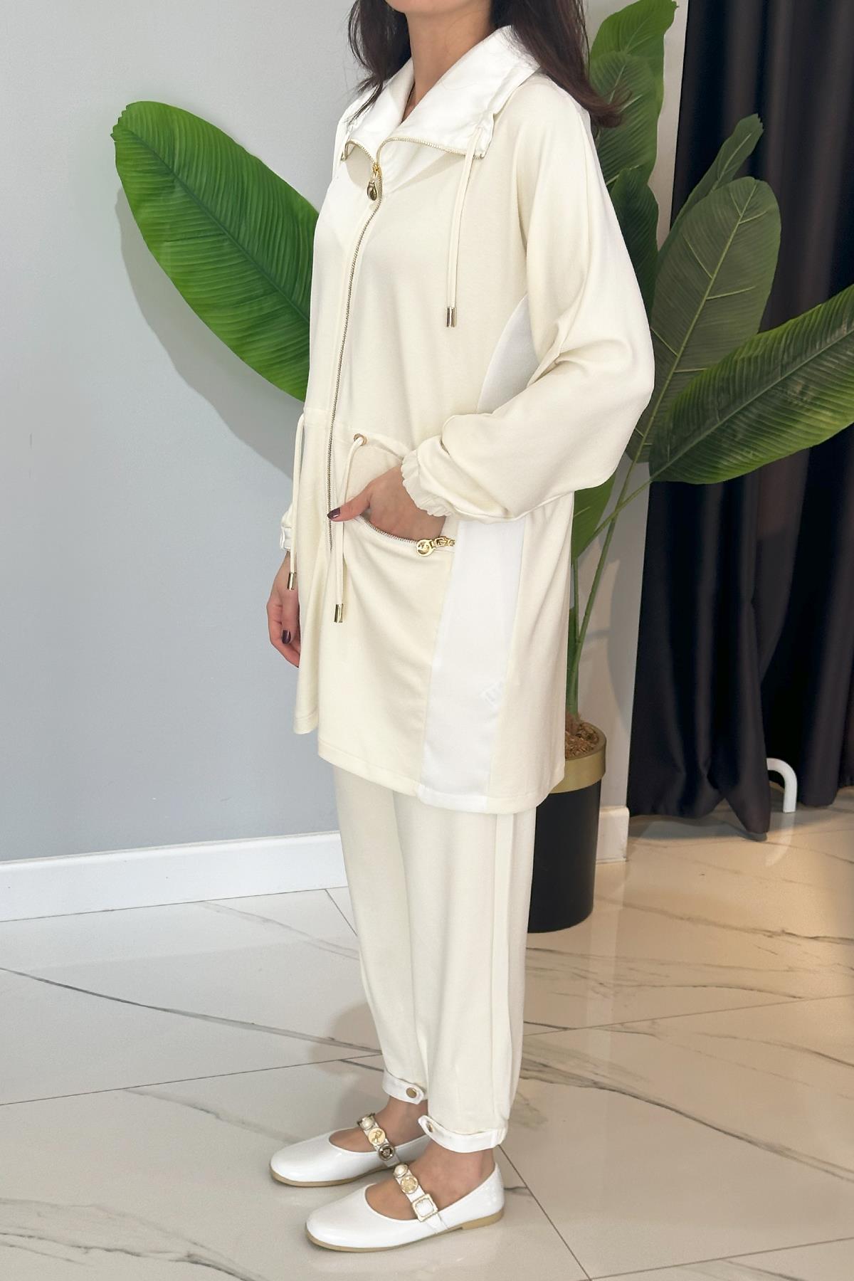 Missemramiss Fermuarlı Ceket Pantolon Magnolia Takım 4740 Ekru