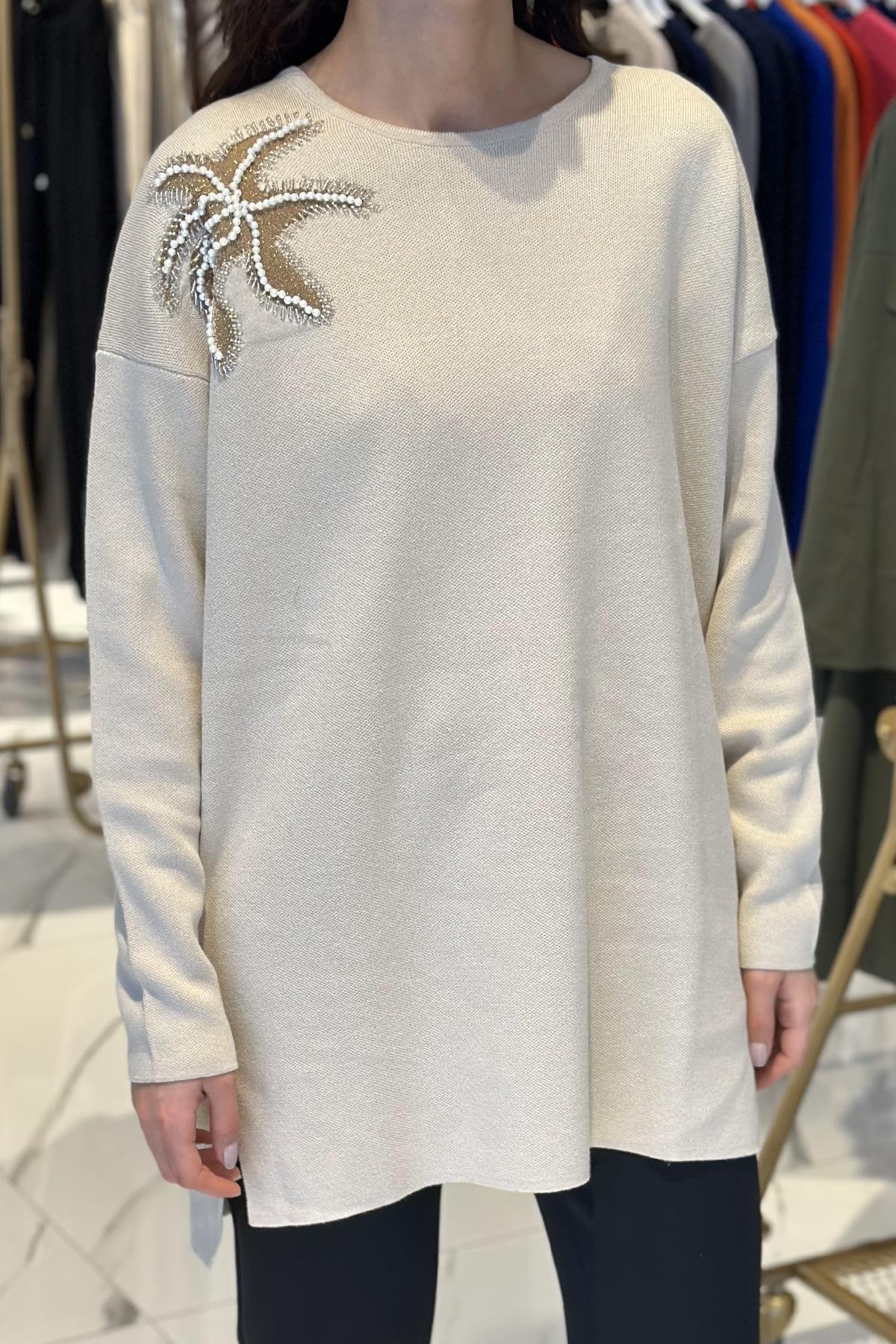 Missemramiss Flower Triko Kazak Tunik 4583 Bej
