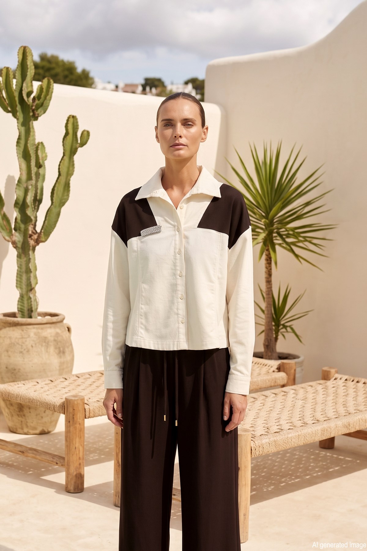 Missemramiss Gömlek Pantolonlu Mono Chic Takım 5213 Krem Kahve