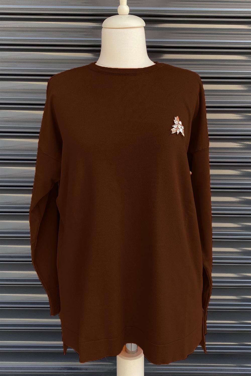 Missemramiss İşlemeli Triko Bluz 3749 Kahverengi