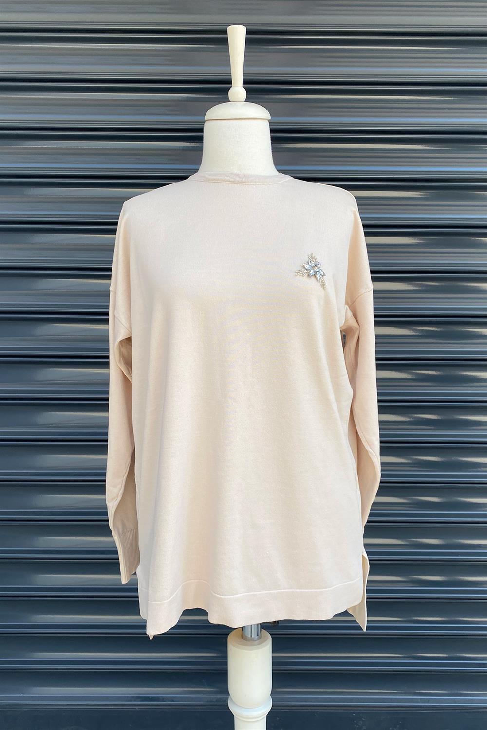 Missemramiss İşlemeli Triko Bluz 3749 Bej