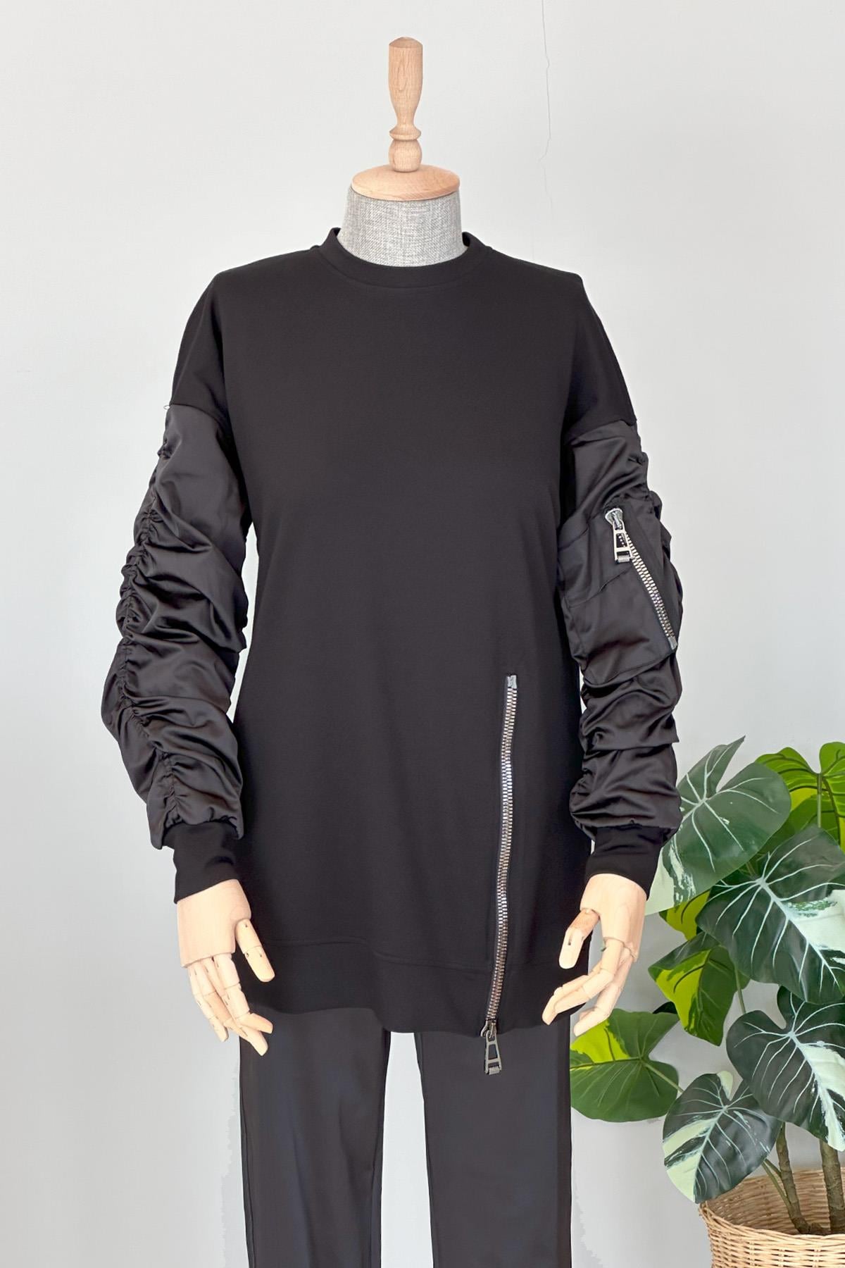 Missemramiss Kol Saten Fermuar Detay Sweatshirt Tunik 4457 Siyah
