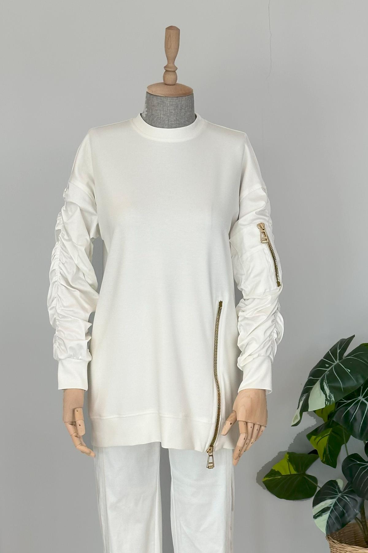 Missemramiss Kol Saten Fermuar Detay Sweatshirt Tunik 4457 Ekru
