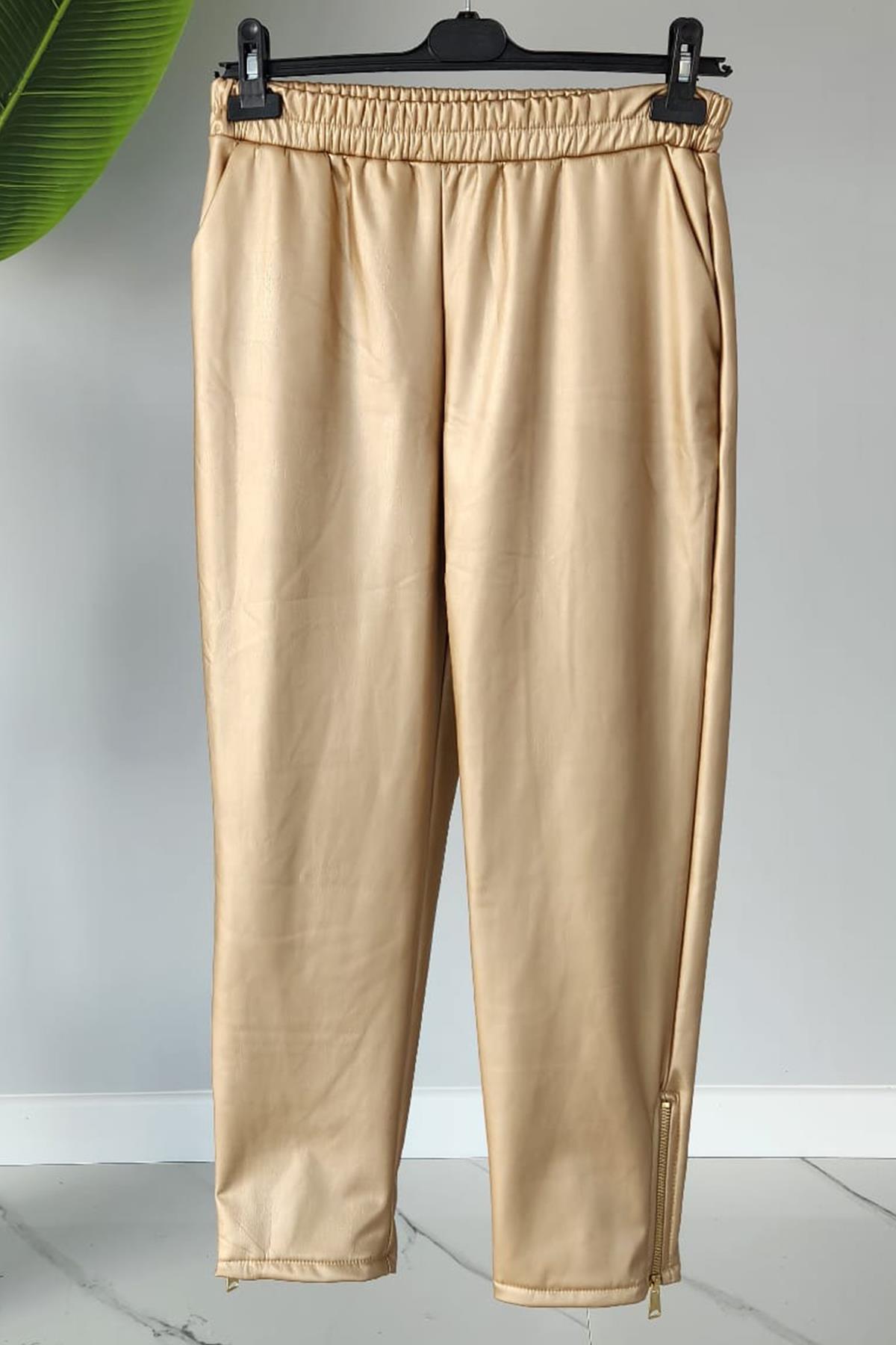 Missemramiss Leather Fermuar Detaylı Pantolon 4156 Gold