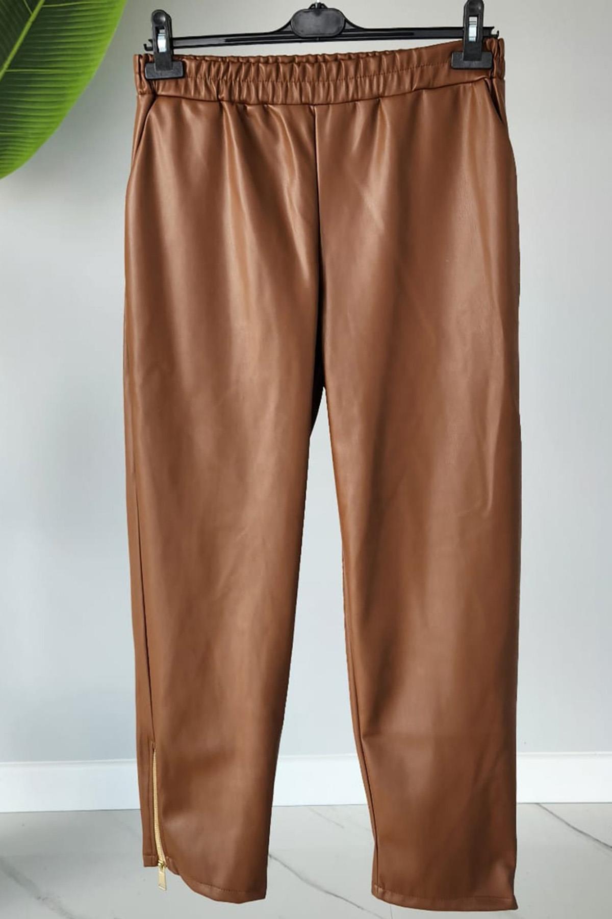 Missemramiss Leather Fermuar Detaylı Pantolon 4156 Kahverengi
