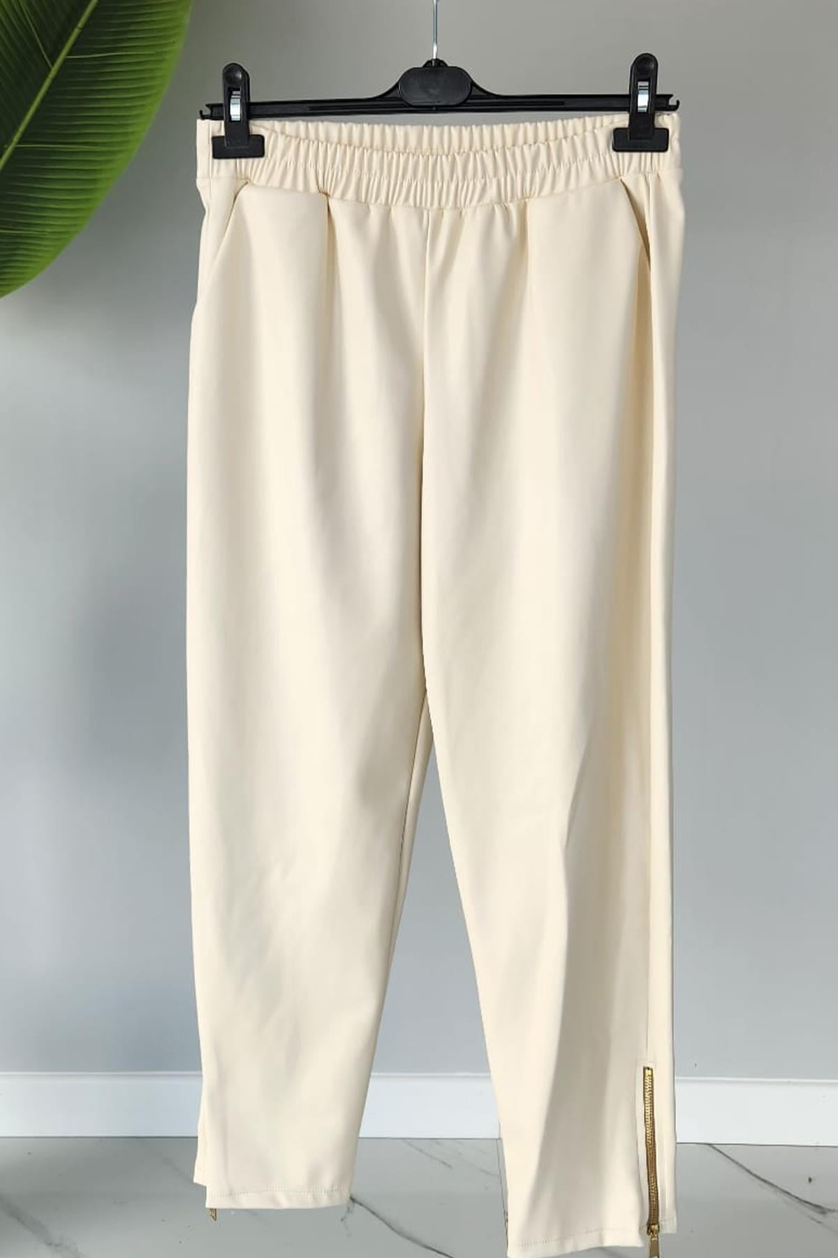 Missemramiss Leather Fermuar Detaylı Pantolon 4156 Krem