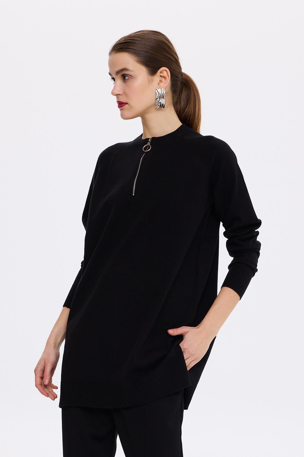 Missemramiss Live Fermuar Detaylı Triko Kazak Tunik 4587 Siyah