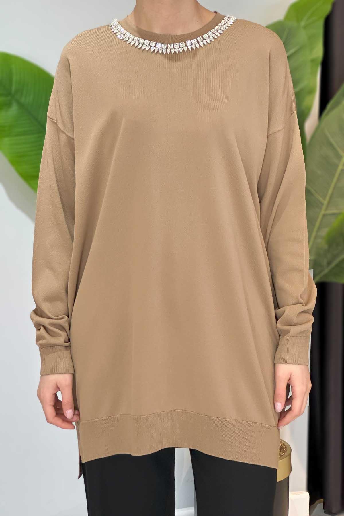 Missemramiss Maglia Taş İşlemeli Triko Tunik 4710 Camel