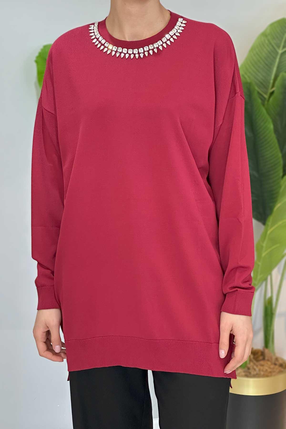Missemramiss Maglia Taş İşlemeli Triko Tunik 4710 Vişne