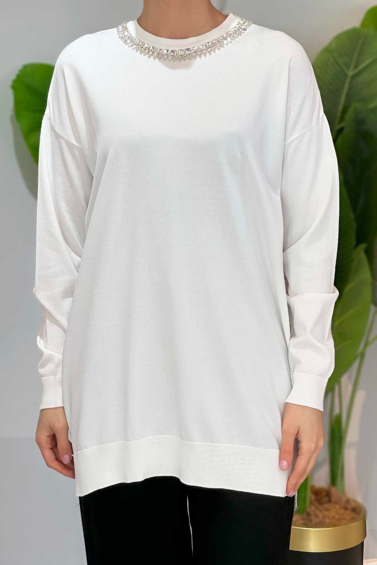 Missemramiss Maglia Taş İşlemeli Triko Tunik 4710 Ekru