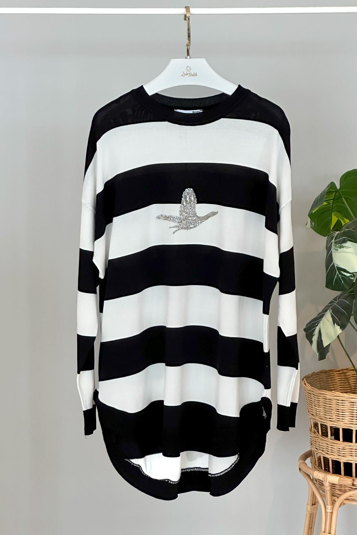 Missemramiss Merserize İşlemeli Bluz 4284 Çizgili Siyah