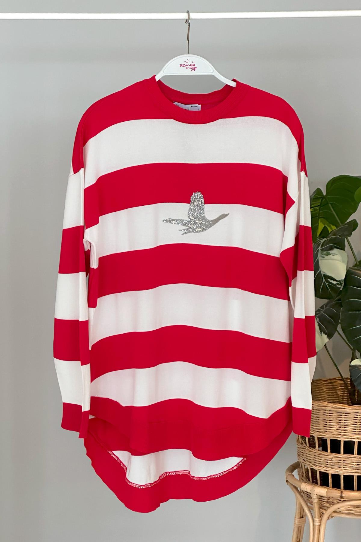 Missemramiss Merserize İşlemeli Bluz 4284 Çizgili Kırmızı