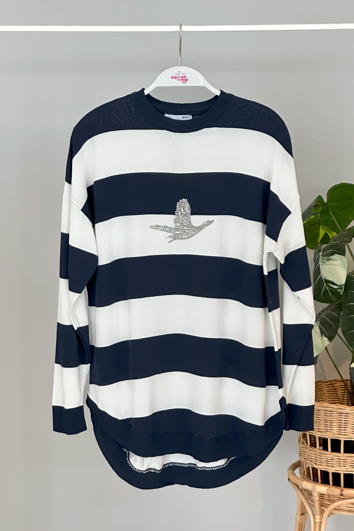 Missemramiss Merserize İşlemeli Bluz 4284 Çizgili Lacivert