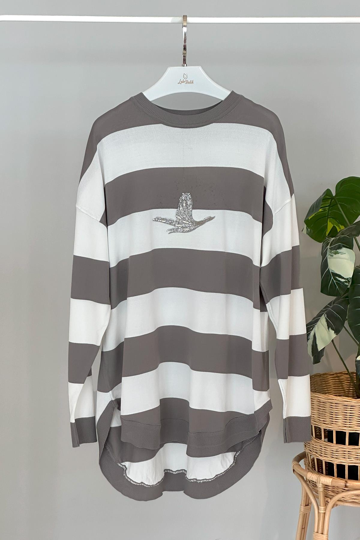 Missemramiss Merserize İşlemeli Bluz 4284 Çizgili Gri