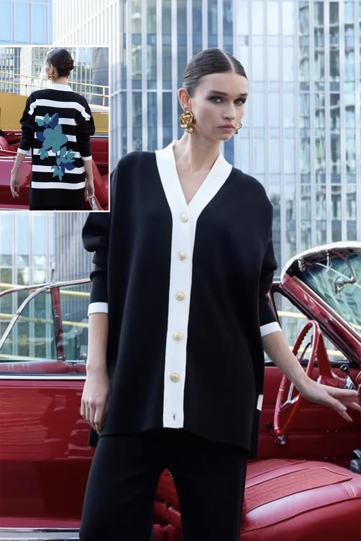 Missemramiss Modello Çizgili Triko Hırka 4590 Ekru Çizgili Siyah