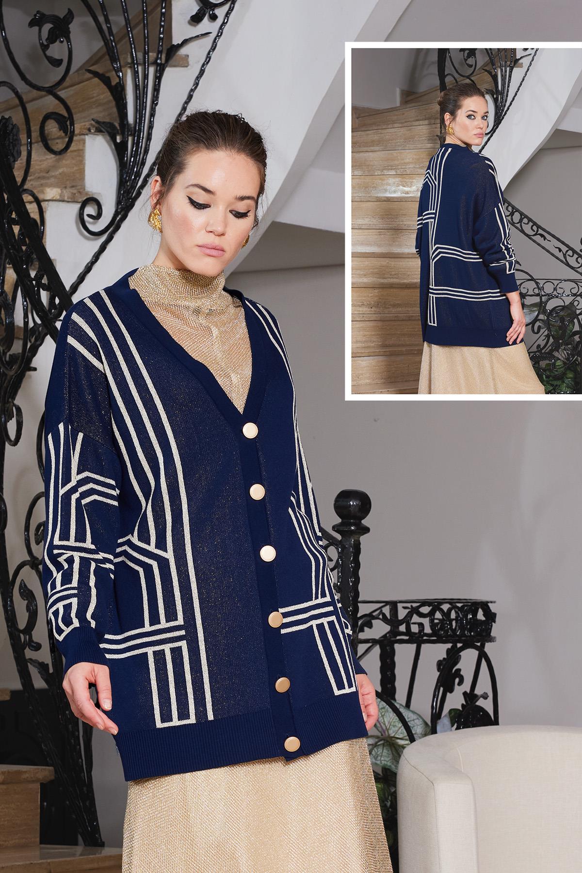 Missemramiss Modern Desen Simli Triko Hırka 4089 Lacivert