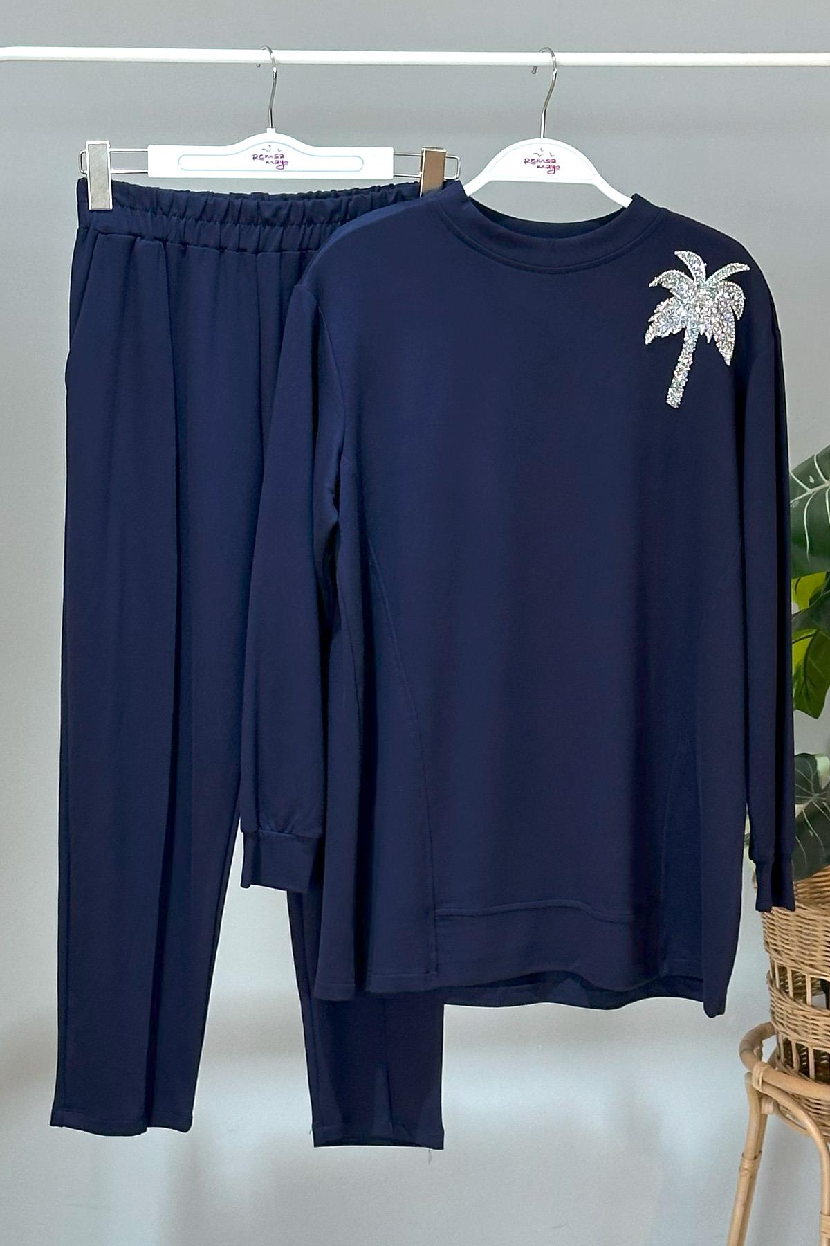 Missemramiss Palmiye Taş İşlemeli Comfort Takım 4466 Lacivert