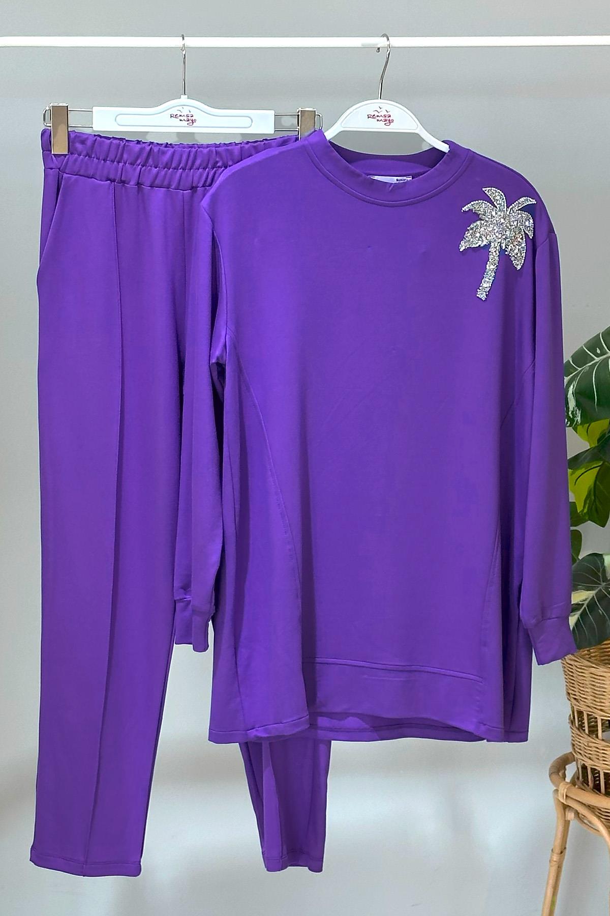 Missemramiss Palmiye Taş İşlemeli Comfort Takım 4466 Mor