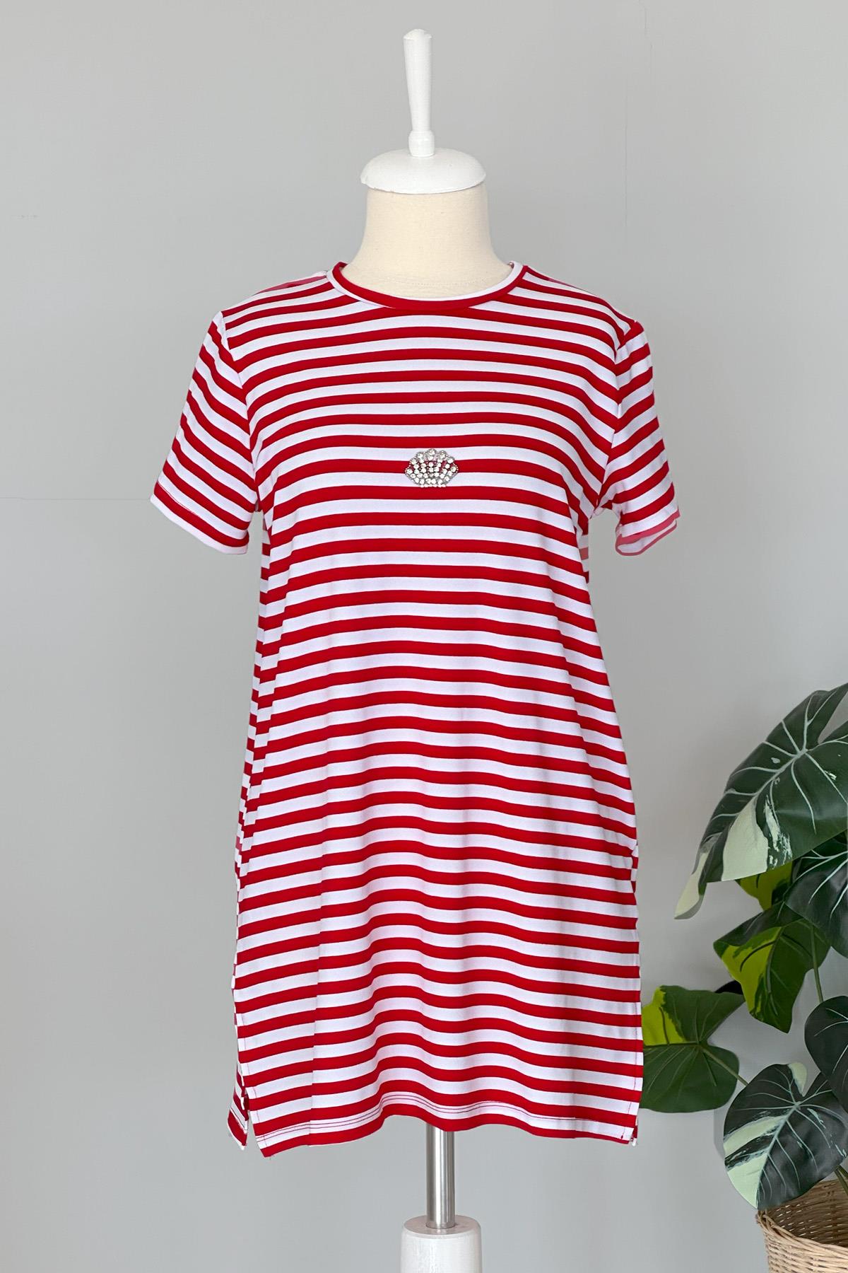 Missemramiss Pamuklu Aksesuarlı Tişört Tunik 4491 Çizgili Kırmızı