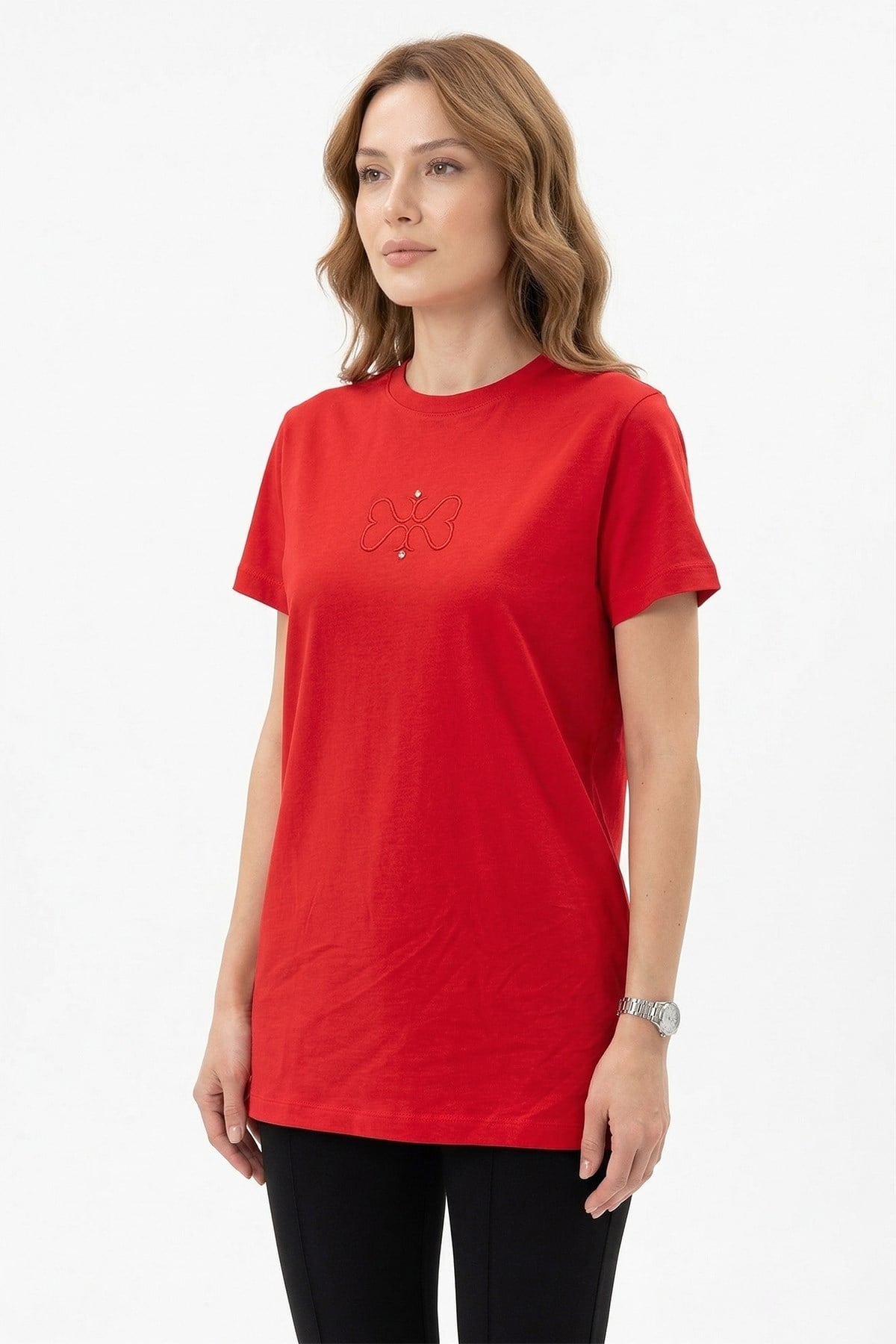 Missemramiss Pamuklu Nakışlı Tshirt Tunik 5360 Kırmızı