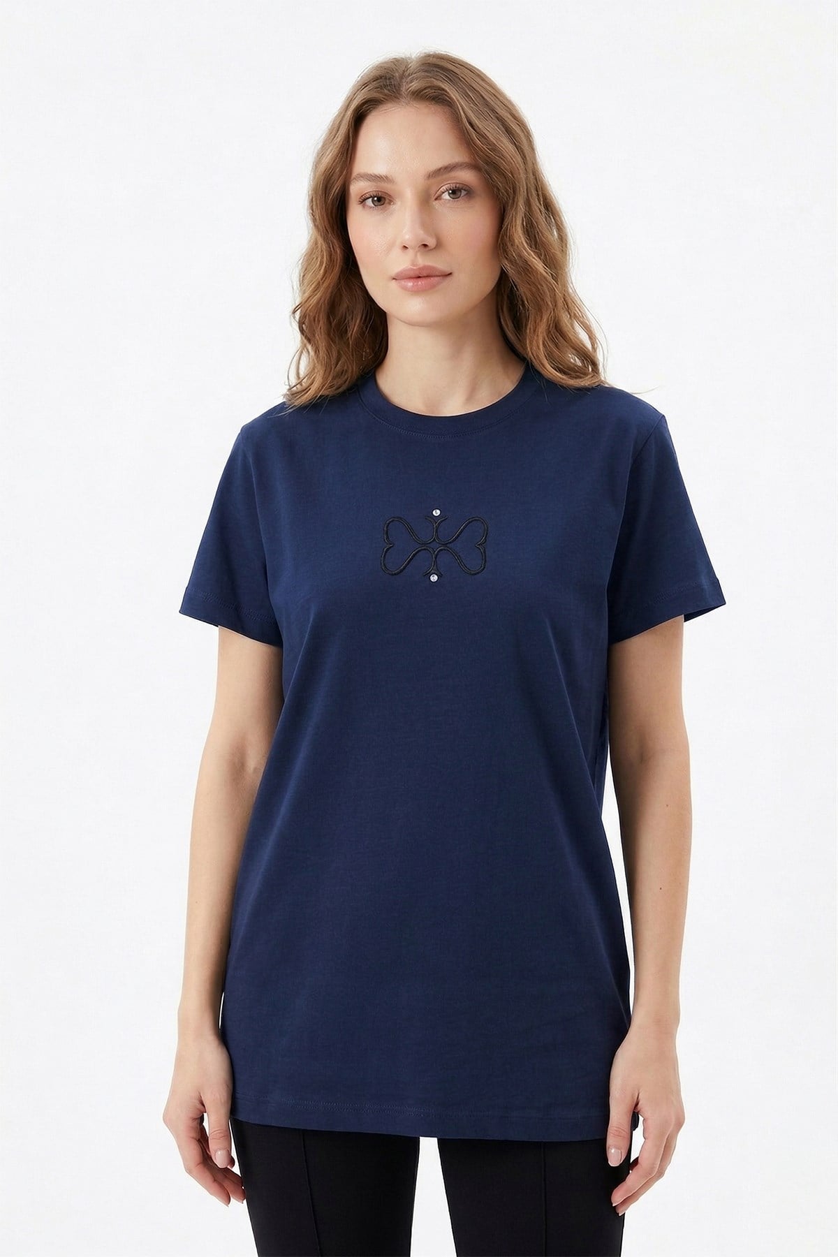 Missemramiss Pamuklu Nakışlı Tshirt Tunik 5360 Lacivert