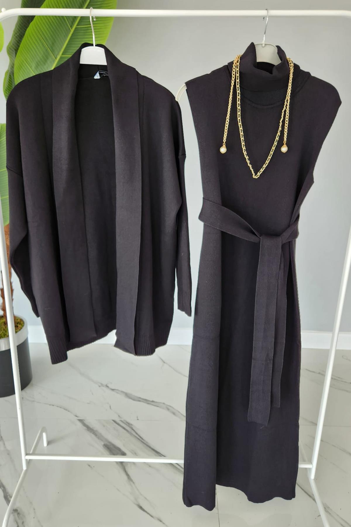 Missemramiss Pamuklu Triko Elbise Hırka Takım 4197 Siyah