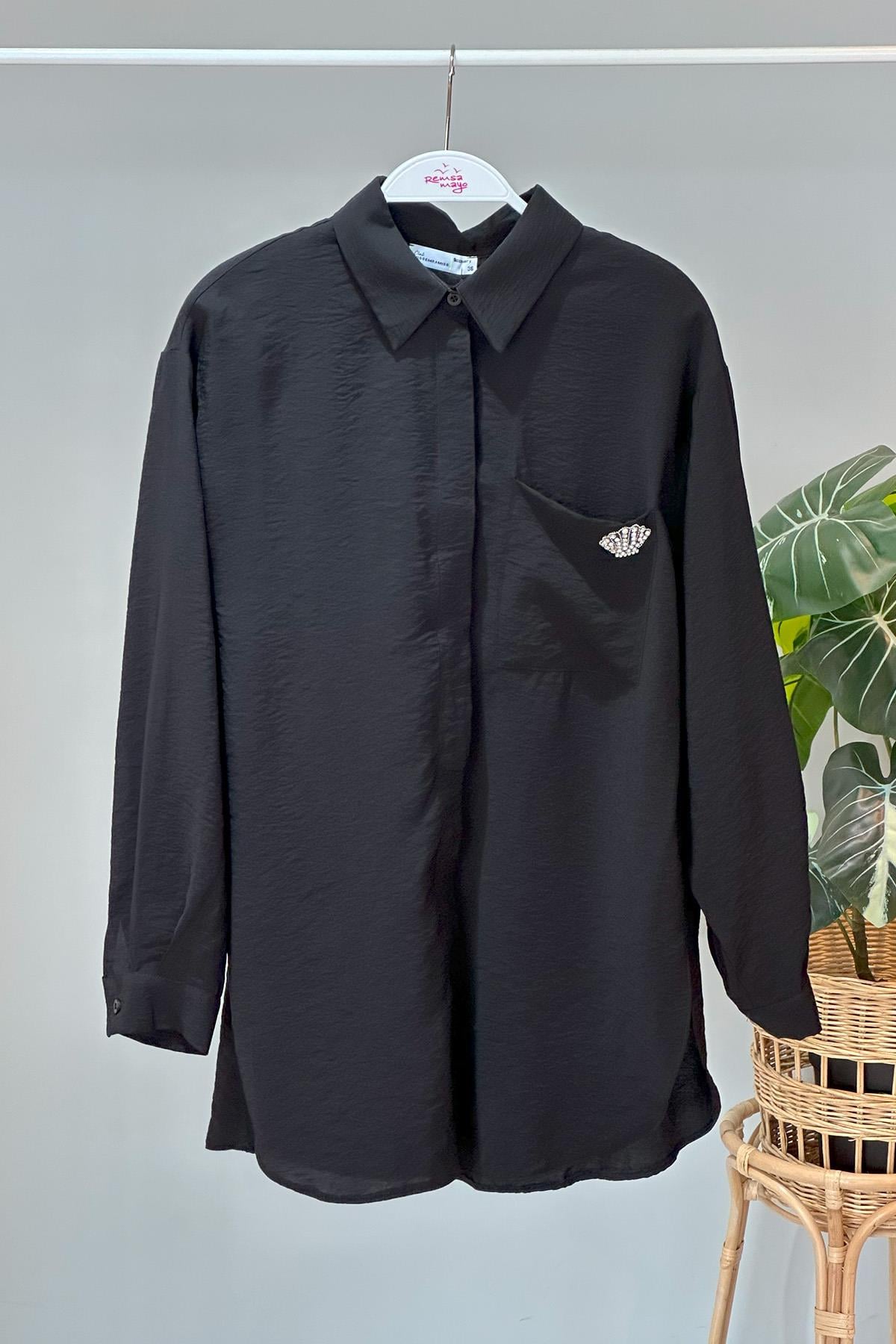 Missemramiss Sea Shell İşlemeli Gömlek Tunik 4360 Siyah