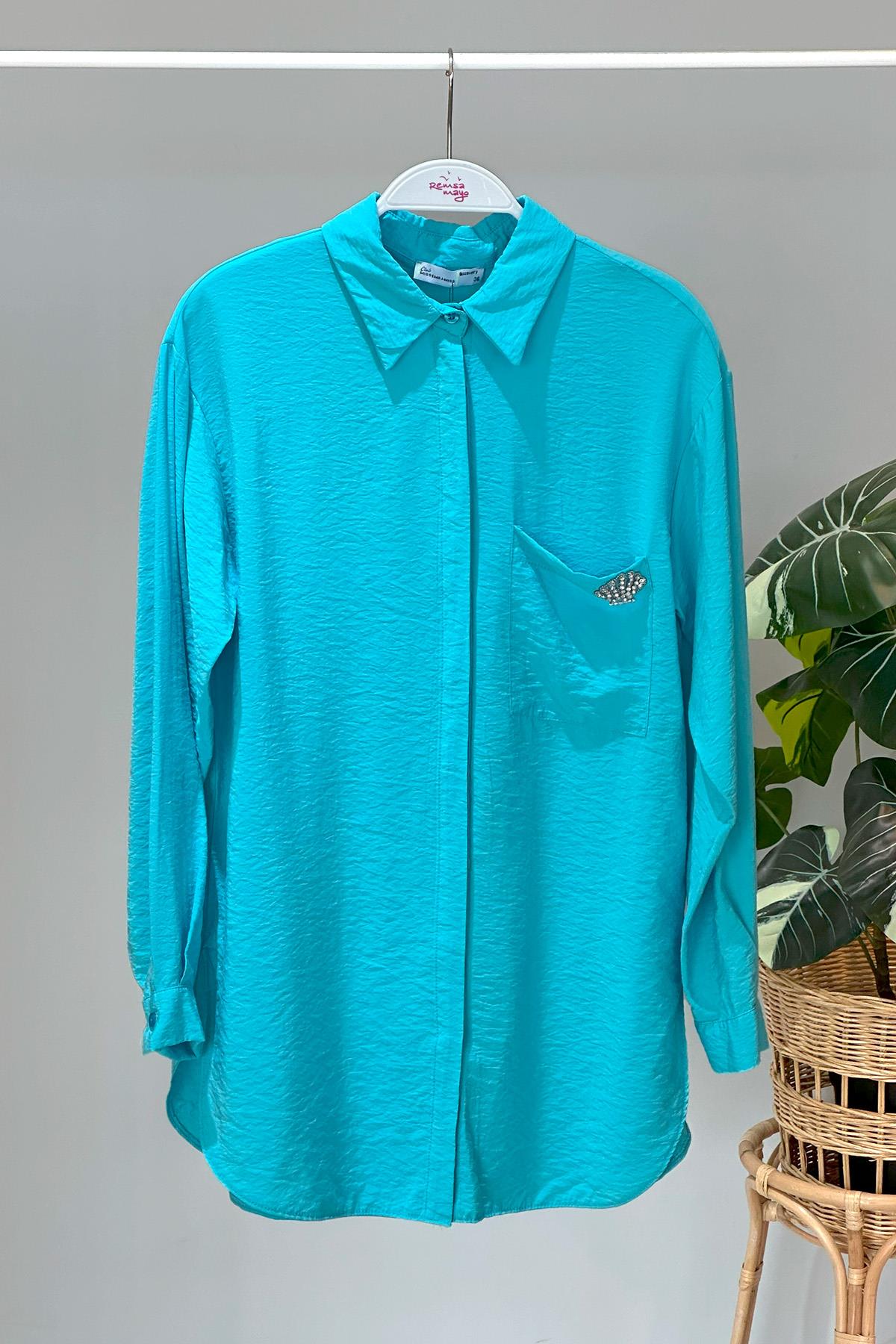 Missemramiss Sea Shell İşlemeli Gömlek Tunik 4360 Mavi