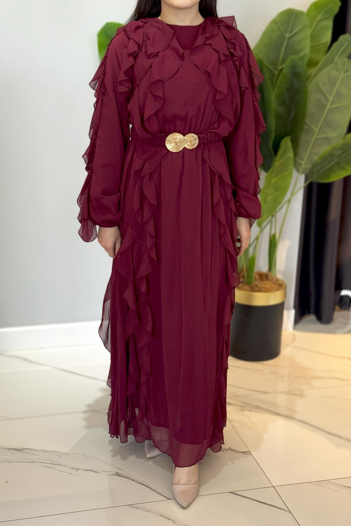 Missemramiss Special Ruffle Elbise 4807 Bordo