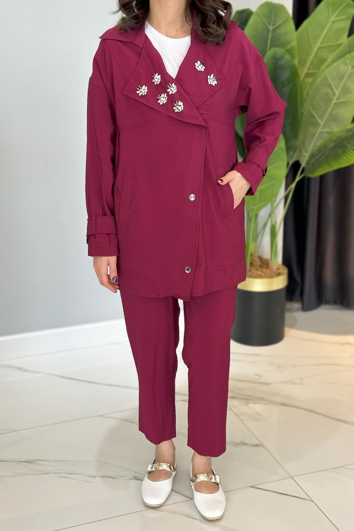 Missemramiss Taş Detay Pantolonlu Takım 4773 Mürdüm