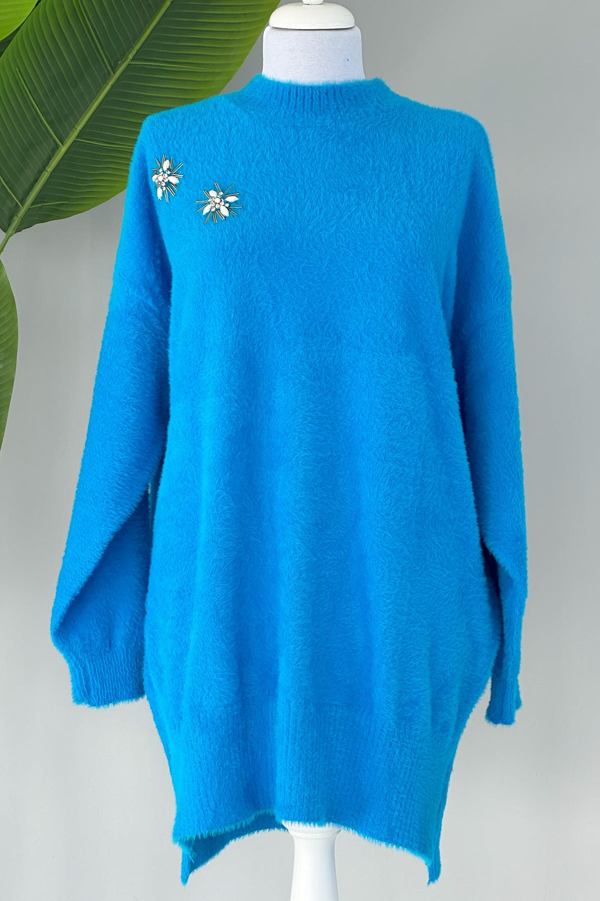 Missemramiss Taş İşlemeli Angora Kazak 4224 Mavi