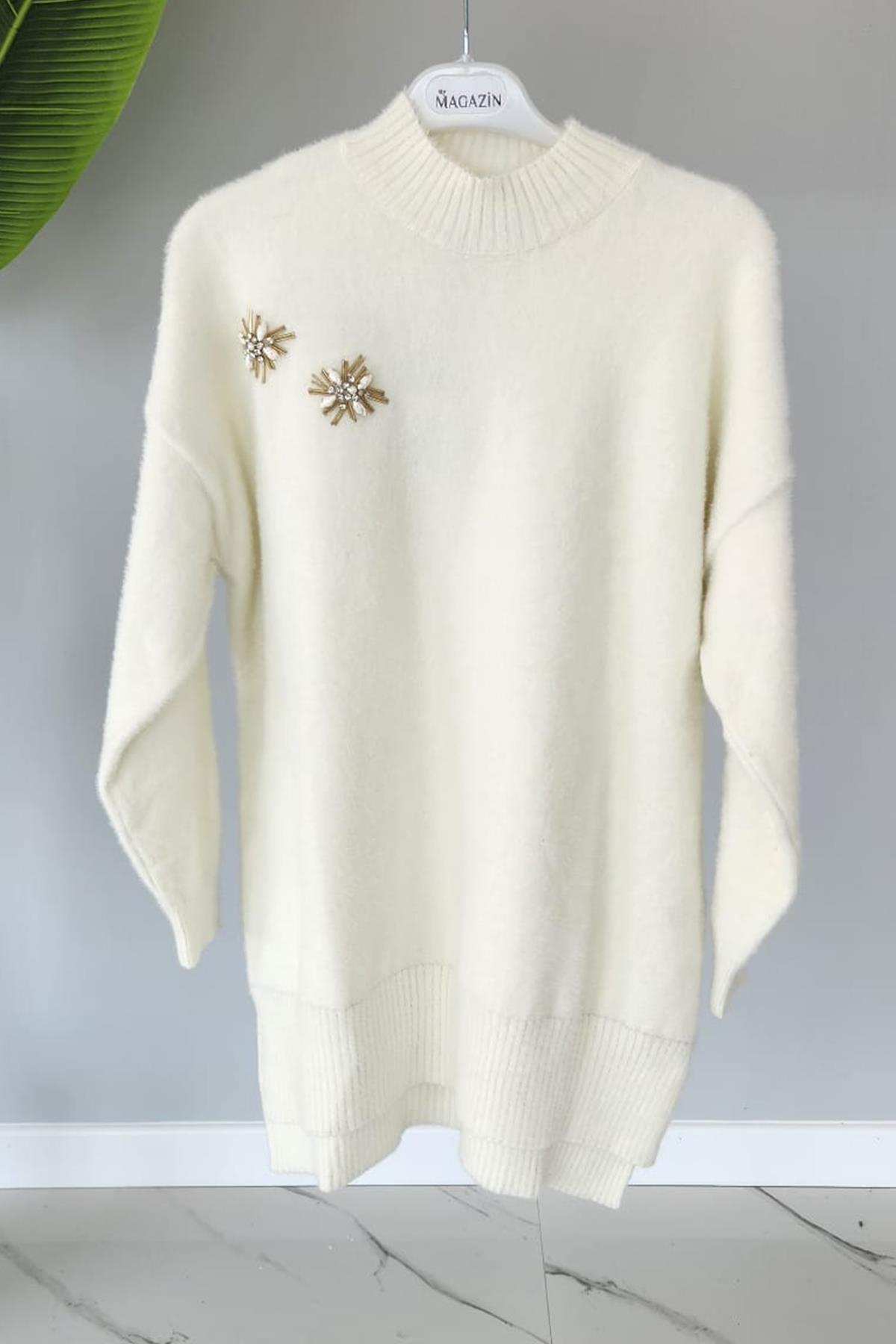 Missemramiss Taş İşlemeli Angora Kazak 4224 Ekru