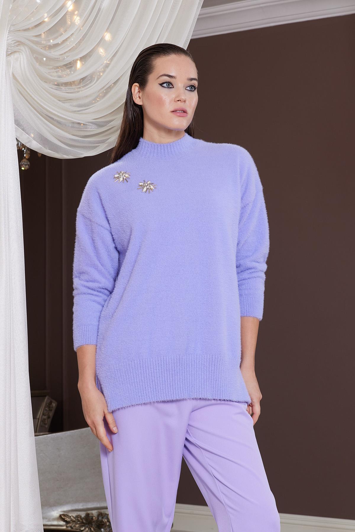 Missemramiss Taş İşlemeli Angora Kazak 4224 Lila