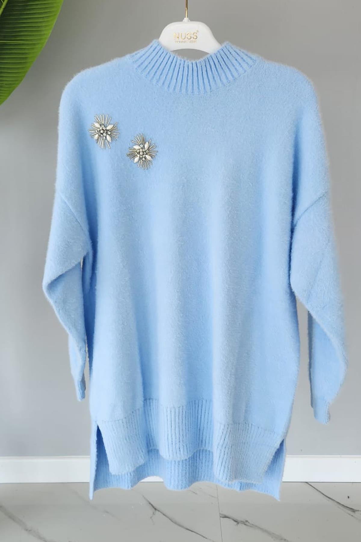 Missemramiss Taş İşlemeli Angora Kazak 4224 Açık Mavi