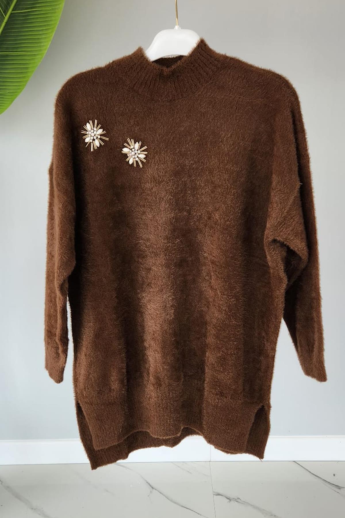 Missemramiss Taş İşlemeli Angora Kazak 4224 Kahverengi