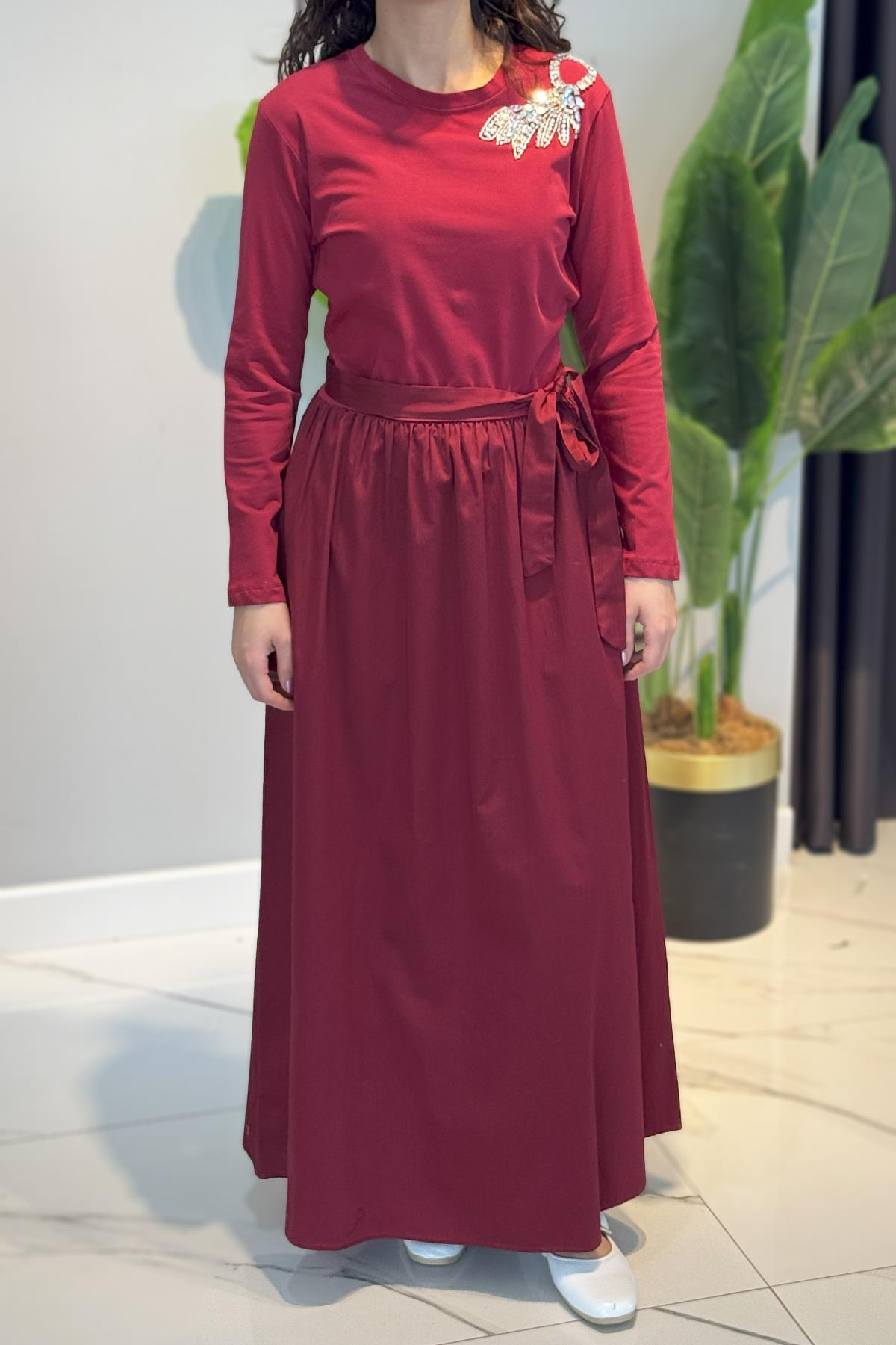 Missemramiss Taş İşlemeli Comfort Elbise 4762 Bordo