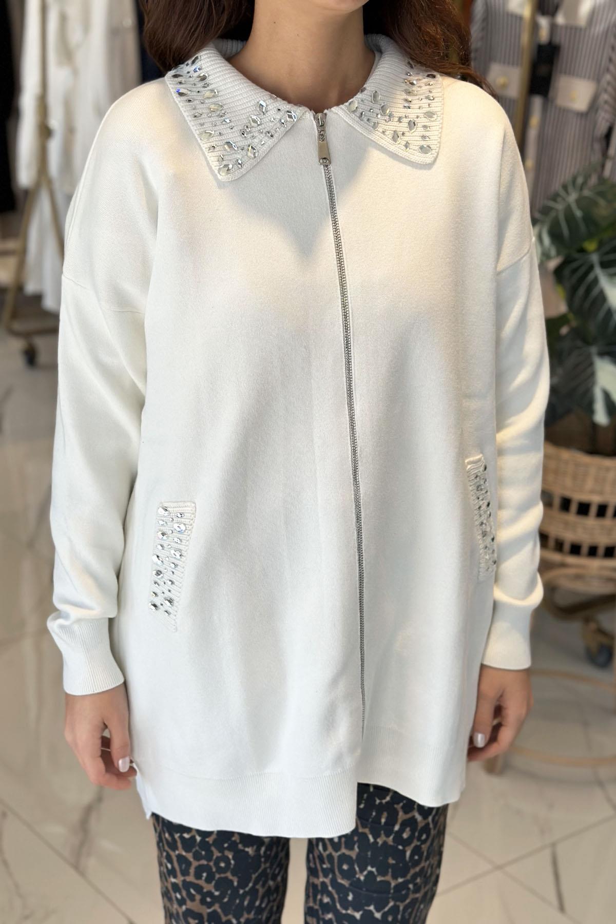 Missemramiss Taş İşlemeli Triko Hırka Ceket 4588 Ekru