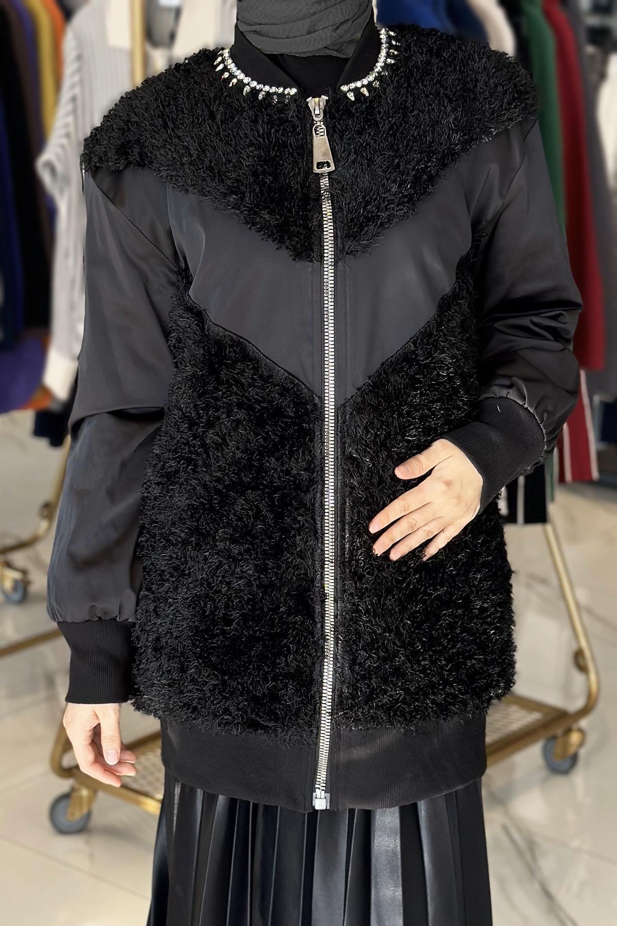 Missemramiss Taşlı Bomber Ceket Kap 4691 Siyah