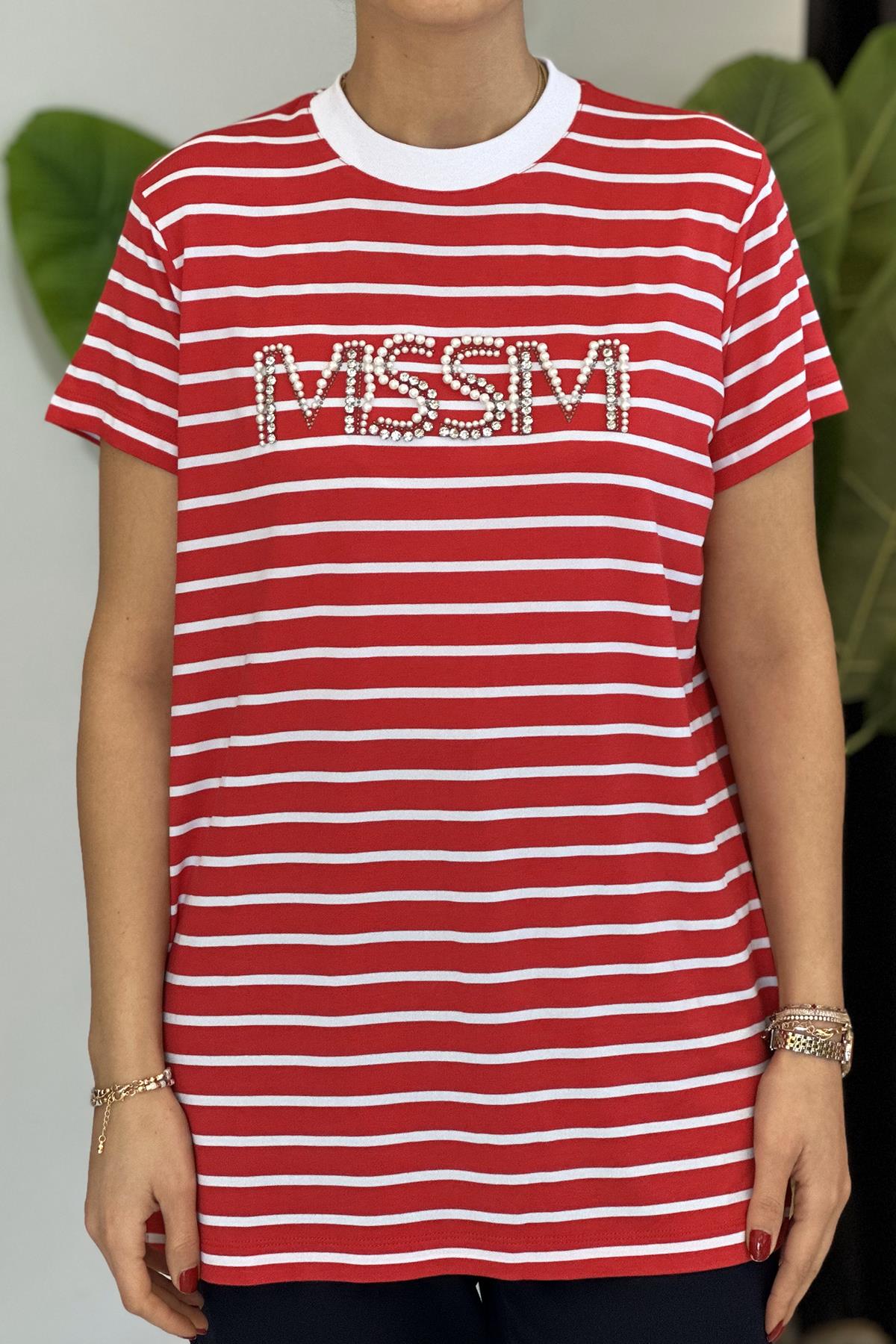 Missemramiss Taşlı Çizgili Tshirt Tunik 4734 Kırmızı