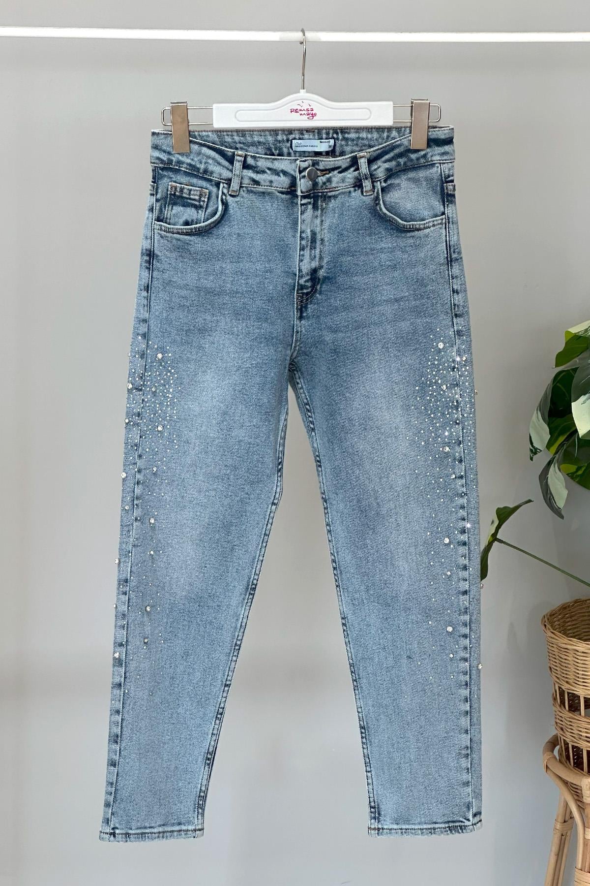 Missemramiss Taşlı Mom Jean Denim Pantolon 4424 Açık Mavi