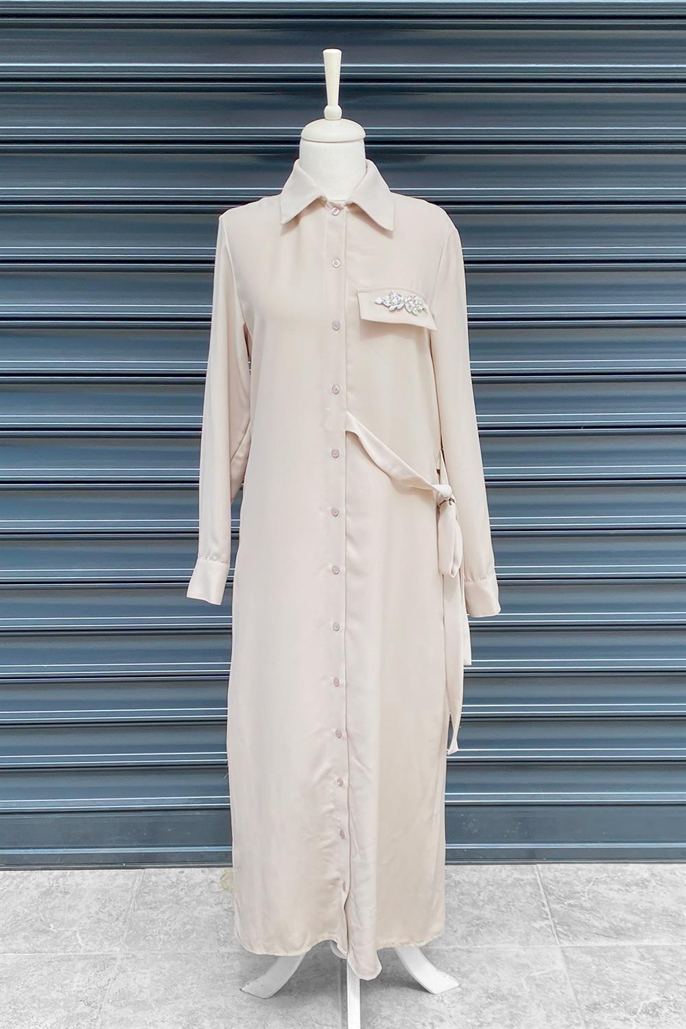 Missemramiss Trendy Dress Gömlek Elbise 3792 Bej