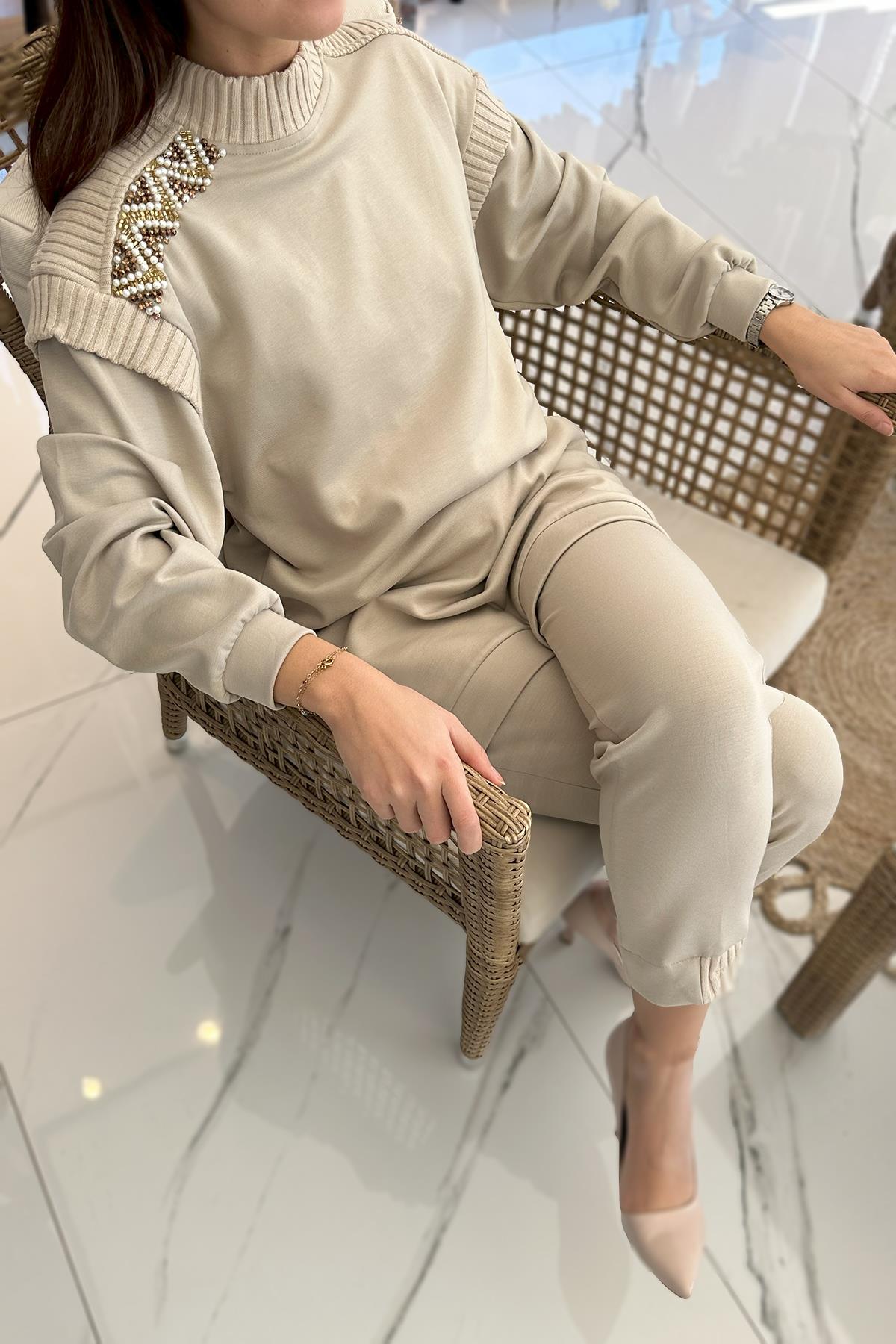 Missemramiss Triko Garni Modal Pantolonlu Takım 4671 Bej