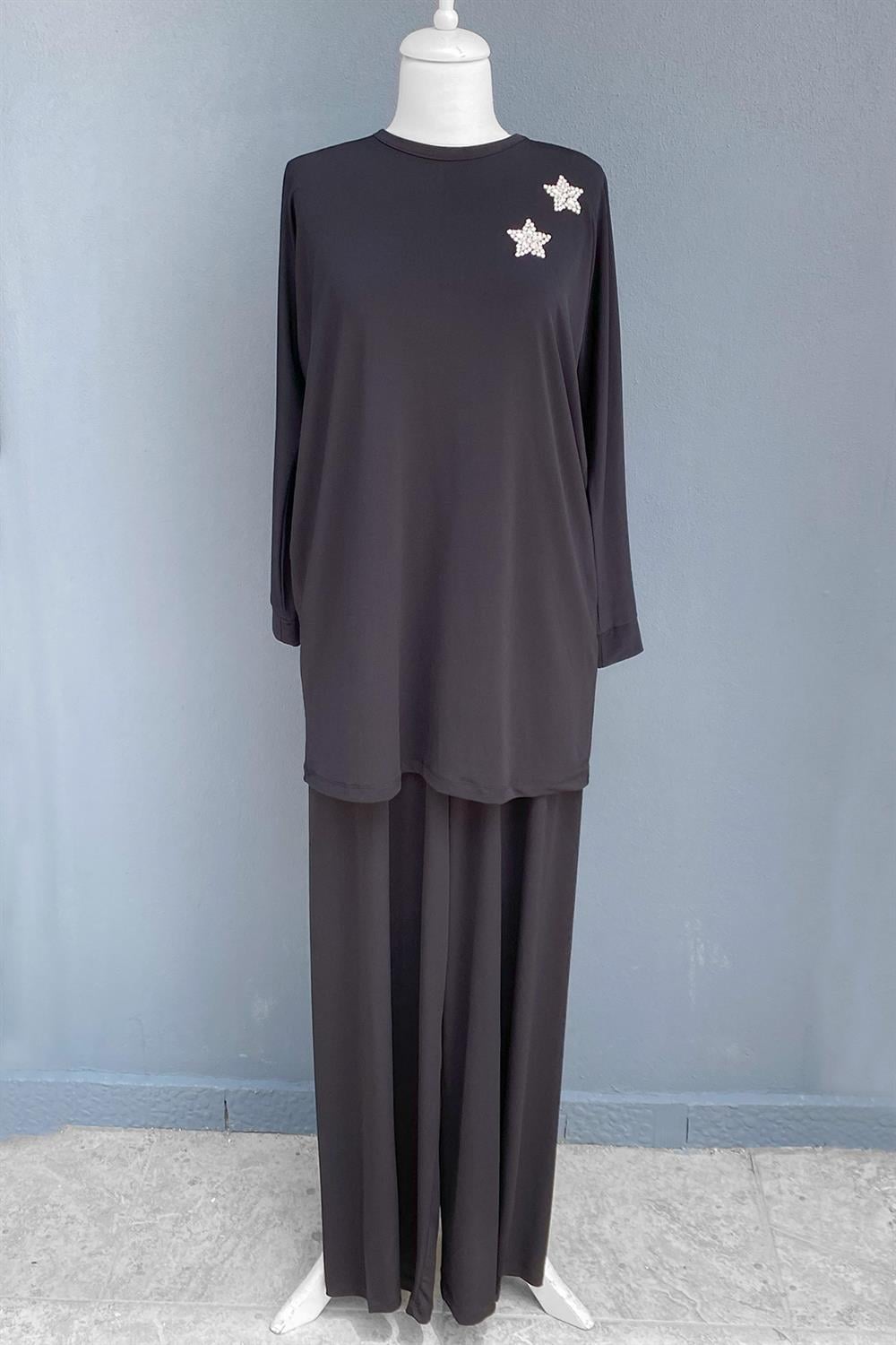 Missemramiss Venezia Broşlu Pantolonlu Sandy Takım 3909 Siyah