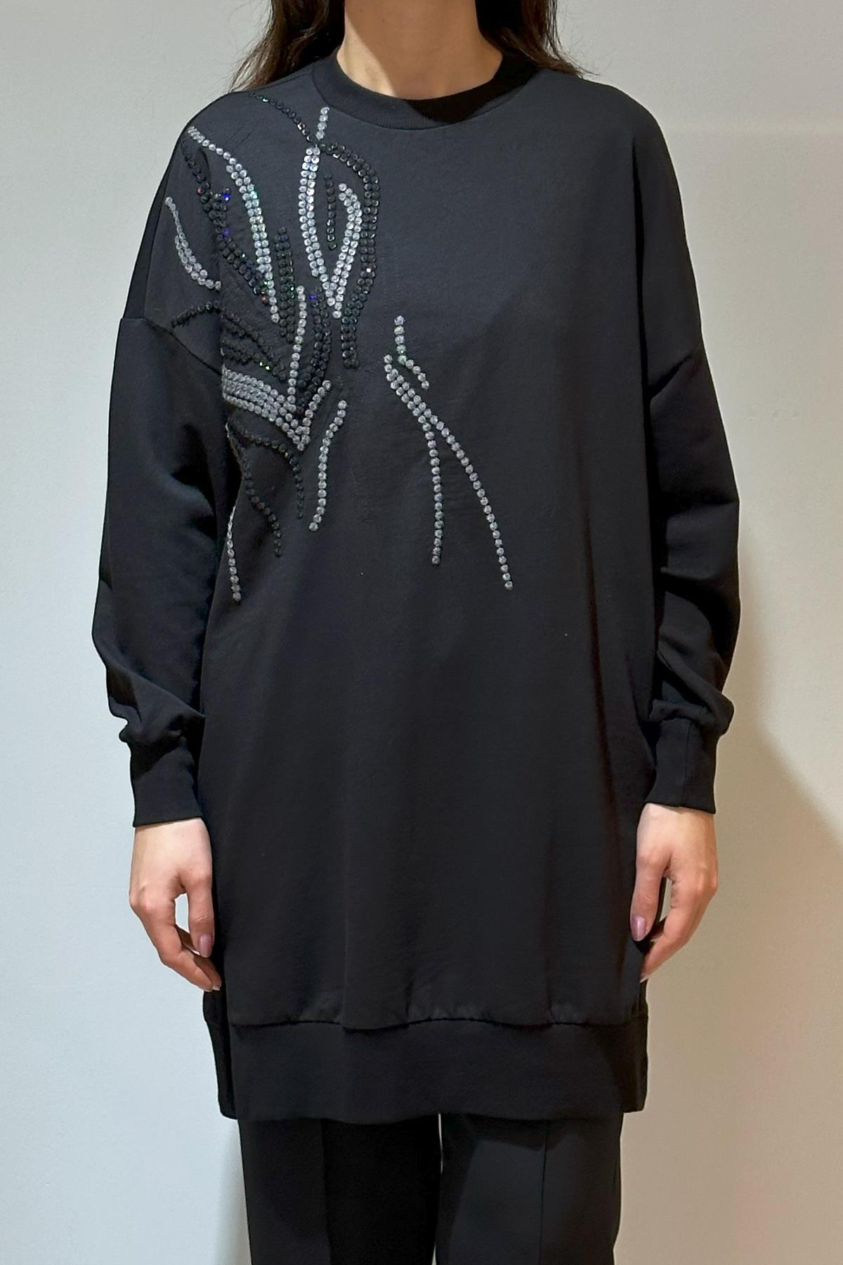 Nakış Detay Sweat Tunik 10585 Siyah