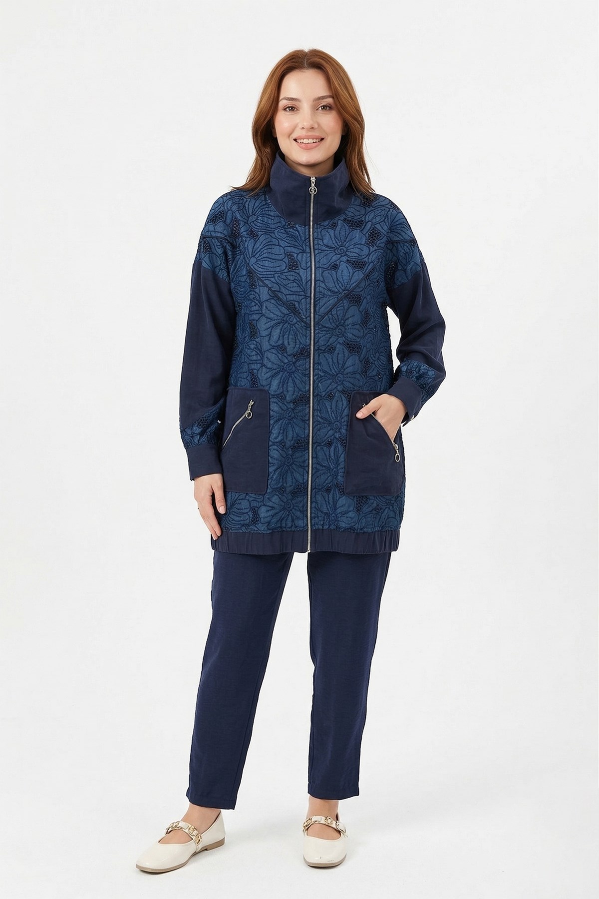 Nakış Detaylı Pantolonlu Modal Takım 14406 Lacivert