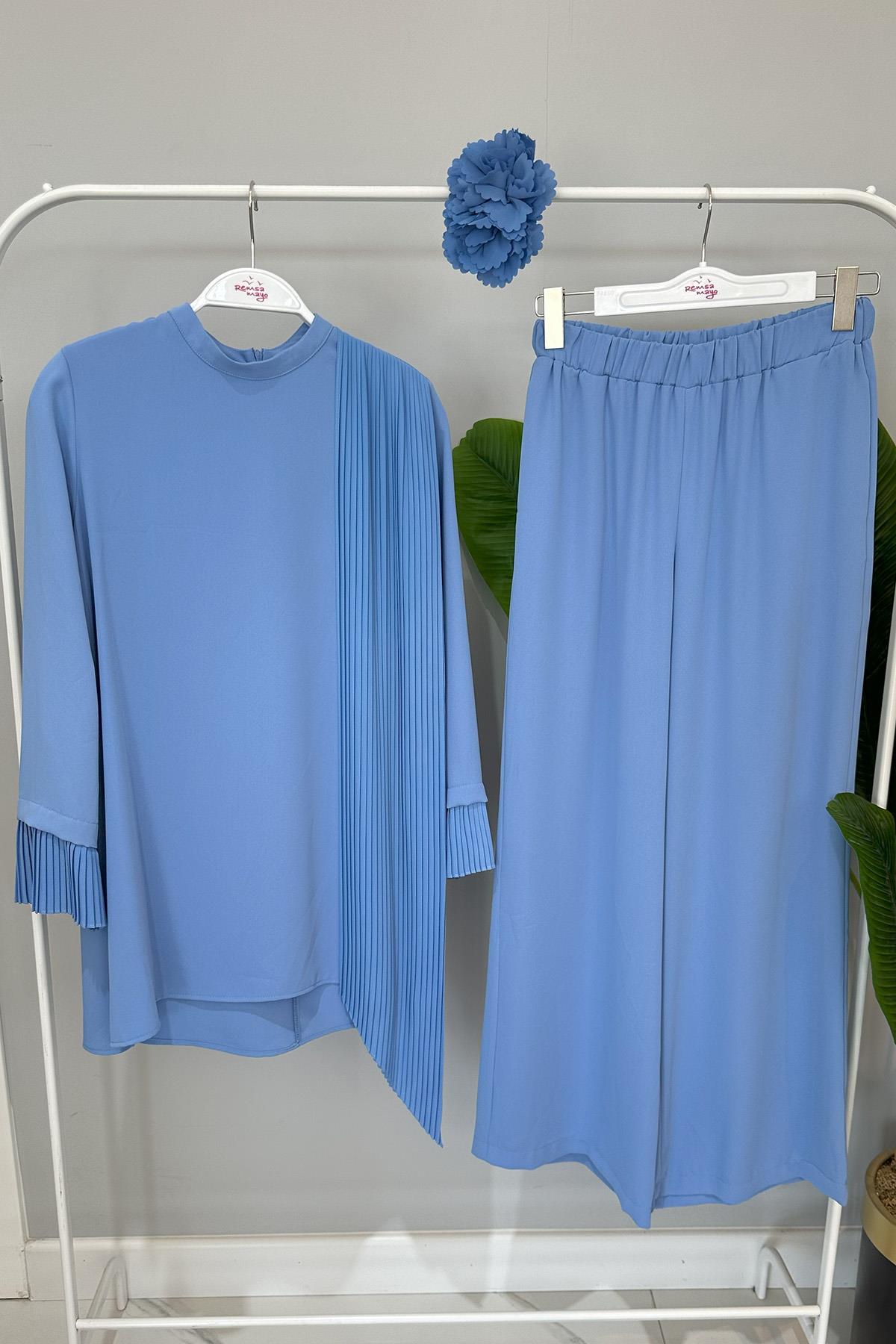 Nuss Broş Detaylı Pantolonlu Takım 1013 Mavi