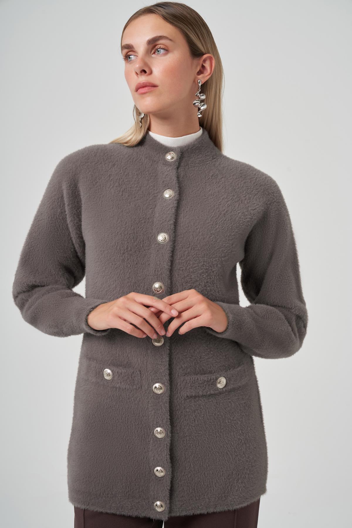 Nuss Cep Detay Angora Hırka 7008 Füme