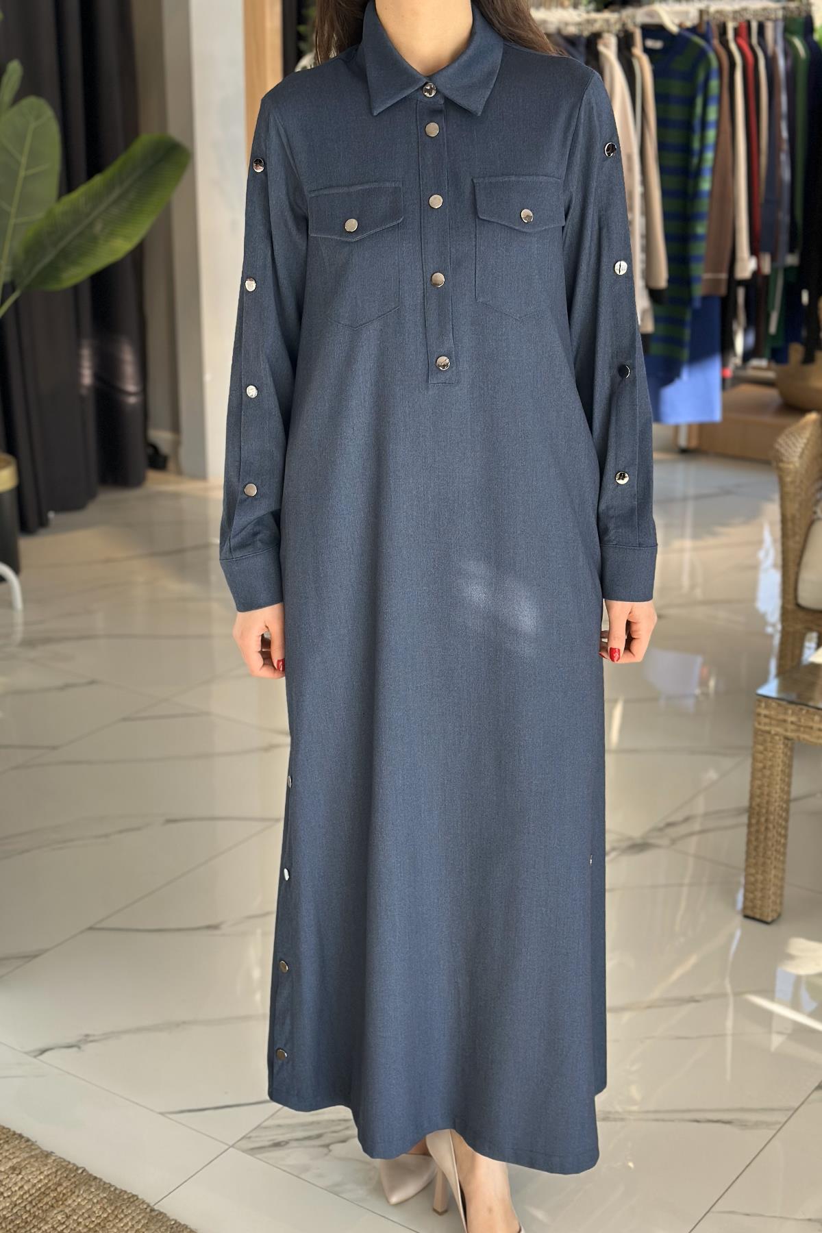 Nuss Çıtçıt Detay Denim Elbise 2002 Mavi