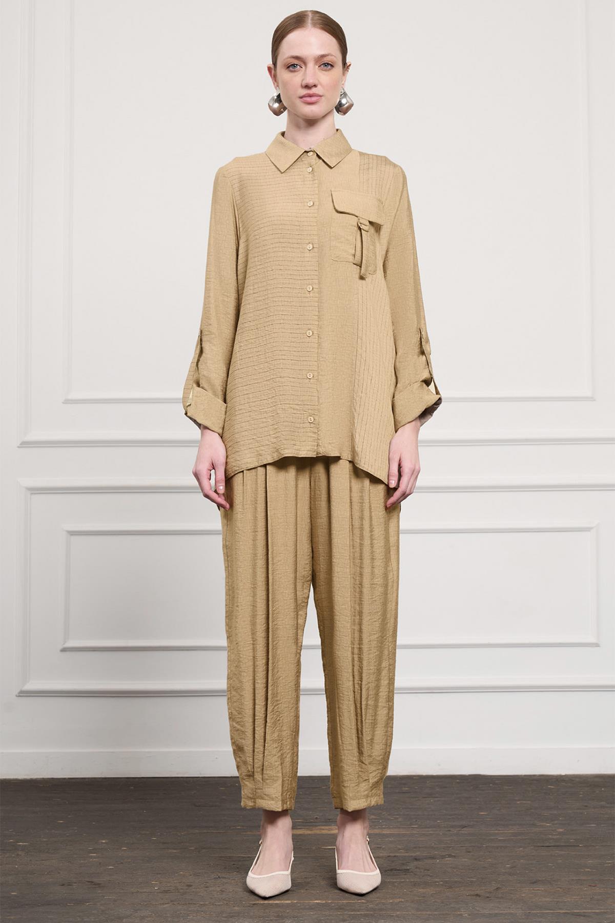 Nuss Çizgili Cep Detay Takım 1041 Camel