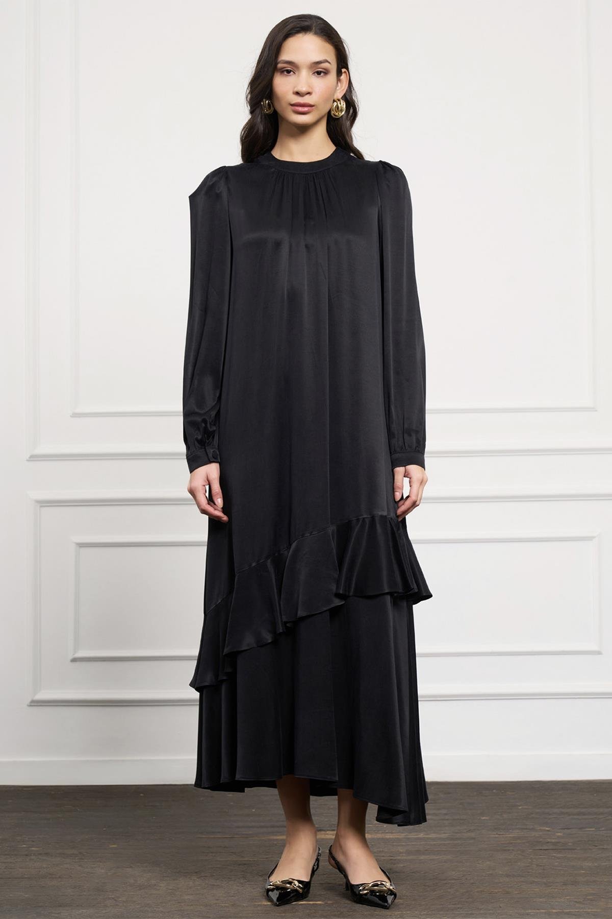 Nuss  Cupra Kumaş Volanlı Elbise 2052 Siyah